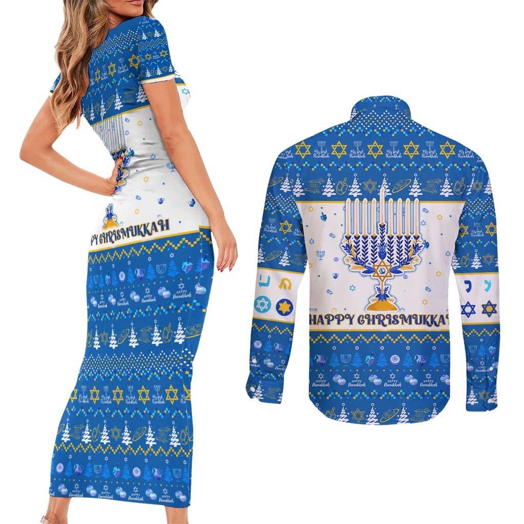 Happy Chrismukkah Couples Matching Short Sleeve Bodycon Dress and Long Sleeve Button Shirt Gnome Funny Hanukkah Christmas Mashup - Wonder Print Shop