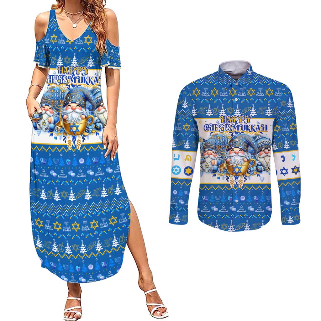Happy Chrismukkah Couples Matching Summer Maxi Dress and Long Sleeve Button Shirt Gnome Funny Hanukkah Christmas Mashup - Wonder Print Shop