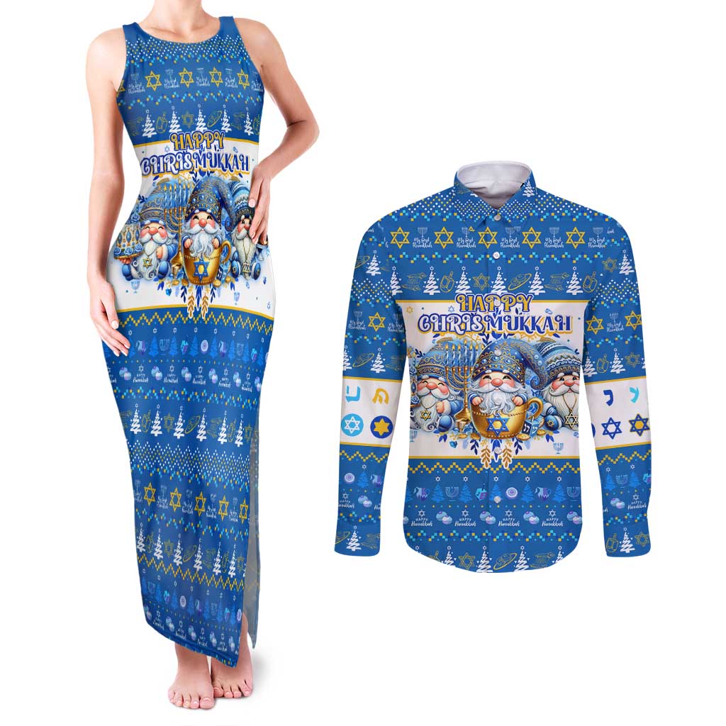 Happy Chrismukkah Couples Matching Tank Maxi Dress and Long Sleeve Button Shirt Gnome Funny Hanukkah Christmas Mashup - Wonder Print Shop