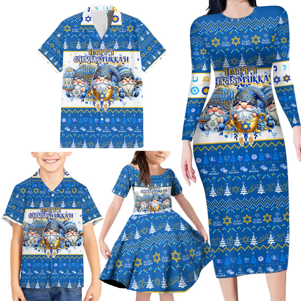 Happy Chrismukkah Family Matching Long Sleeve Bodycon Dress and Hawaiian Shirt Gnome Funny Hanukkah Christmas Mashup - Wonder Print Shop