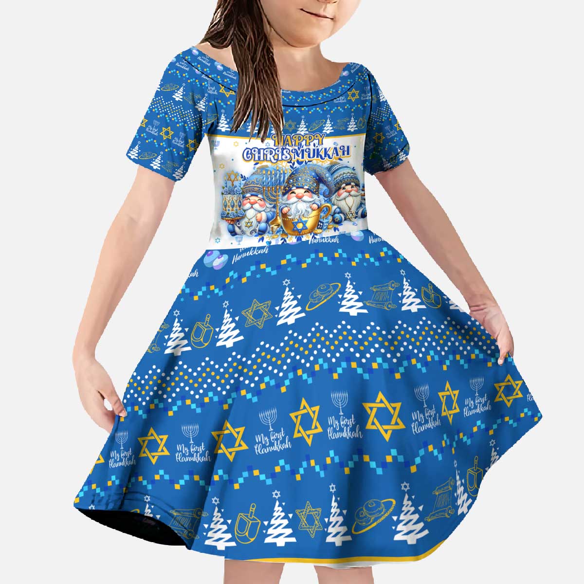 Happy Chrismukkah Family Matching Off The Shoulder Long Sleeve Dress and Hawaiian Shirt Gnome Funny Hanukkah Christmas Mashup - Wonder Print Shop