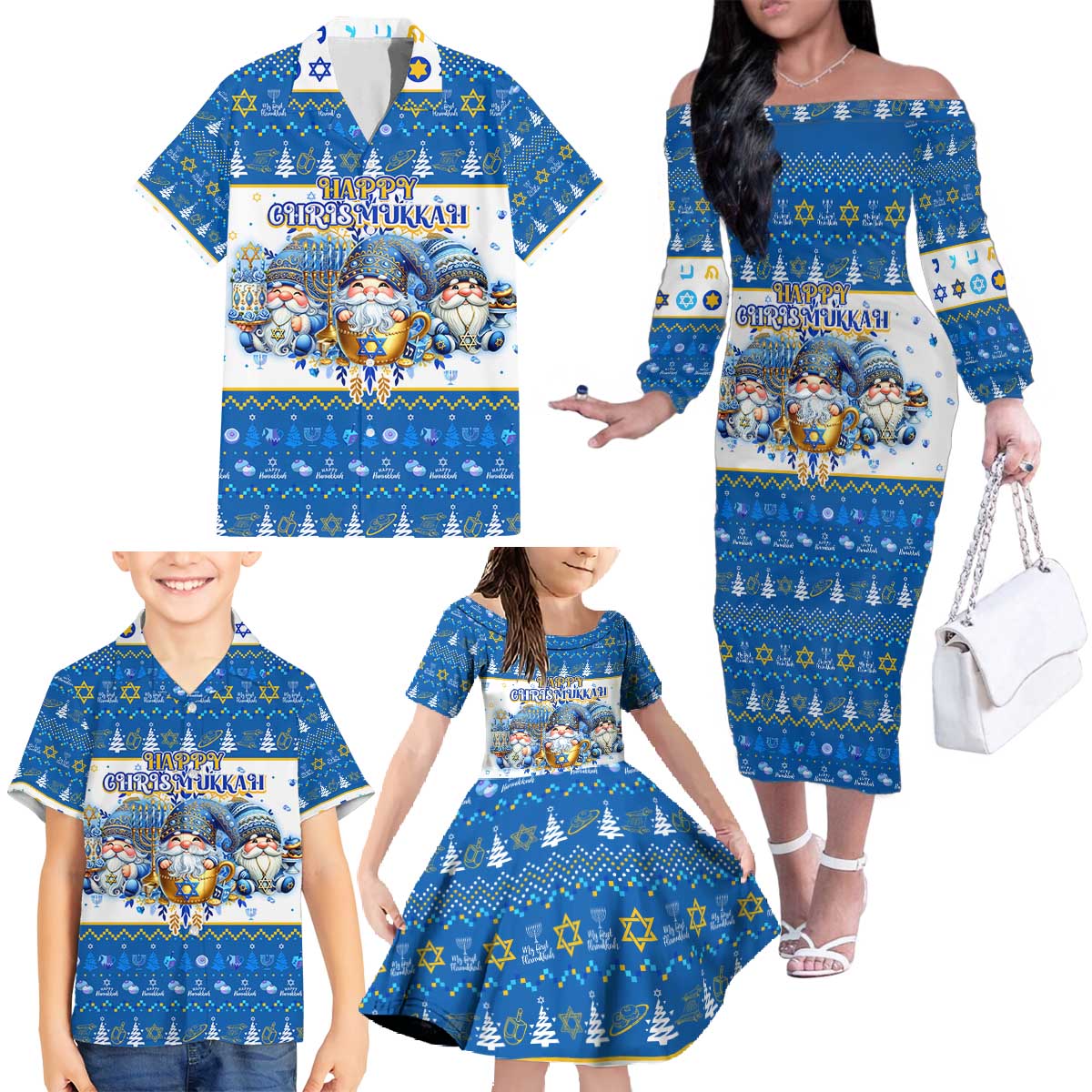 Happy Chrismukkah Family Matching Off The Shoulder Long Sleeve Dress and Hawaiian Shirt Gnome Funny Hanukkah Christmas Mashup - Wonder Print Shop