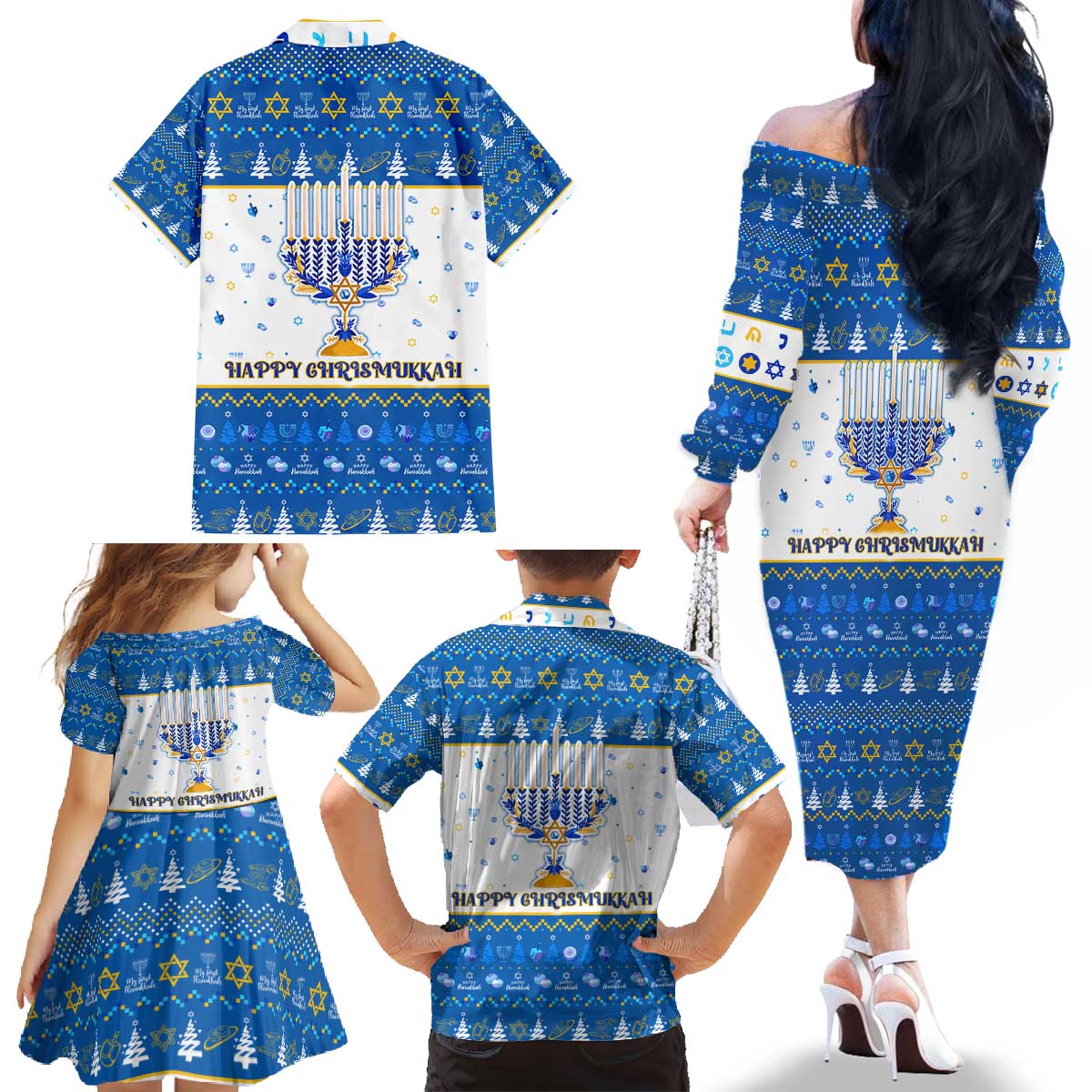 Happy Chrismukkah Family Matching Off The Shoulder Long Sleeve Dress and Hawaiian Shirt Gnome Funny Hanukkah Christmas Mashup - Wonder Print Shop