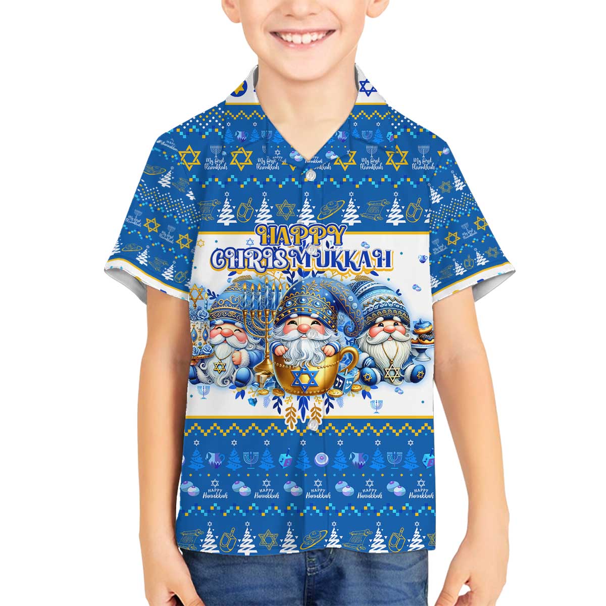 Happy Chrismukkah Family Matching Off The Shoulder Long Sleeve Dress and Hawaiian Shirt Gnome Funny Hanukkah Christmas Mashup - Wonder Print Shop
