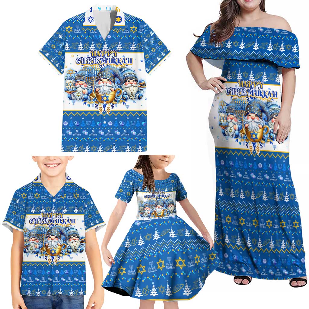 Happy Chrismukkah Family Matching Off Shoulder Maxi Dress and Hawaiian Shirt Gnome Funny Hanukkah Christmas Mashup - Wonder Print Shop