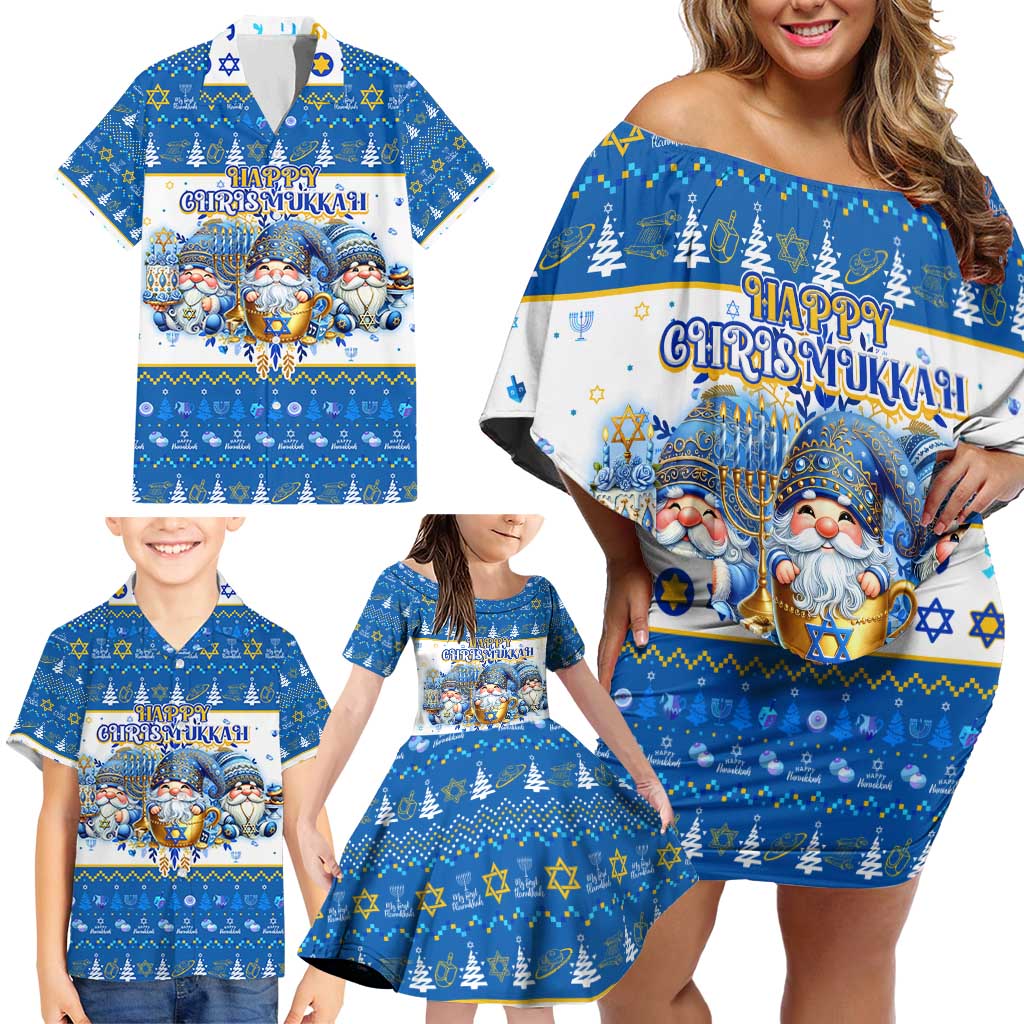 Happy Chrismukkah Family Matching Off Shoulder Short Dress and Hawaiian Shirt Gnome Funny Hanukkah Christmas Mashup - Wonder Print Shop
