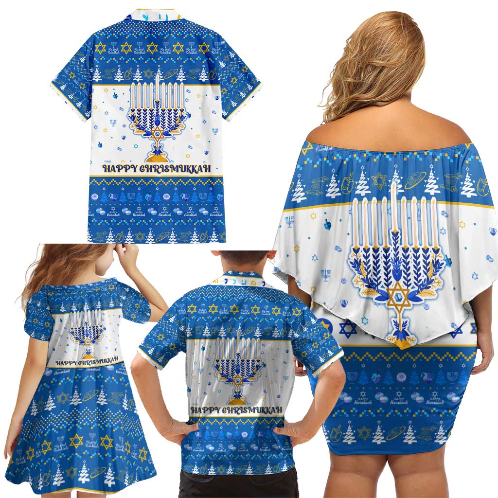 Happy Chrismukkah Family Matching Off Shoulder Short Dress and Hawaiian Shirt Gnome Funny Hanukkah Christmas Mashup - Wonder Print Shop