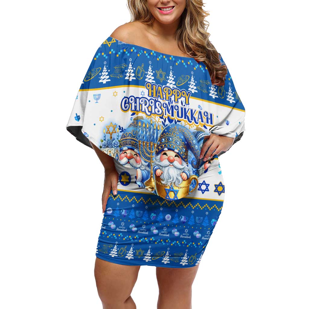 Happy Chrismukkah Family Matching Off Shoulder Short Dress and Hawaiian Shirt Gnome Funny Hanukkah Christmas Mashup - Wonder Print Shop