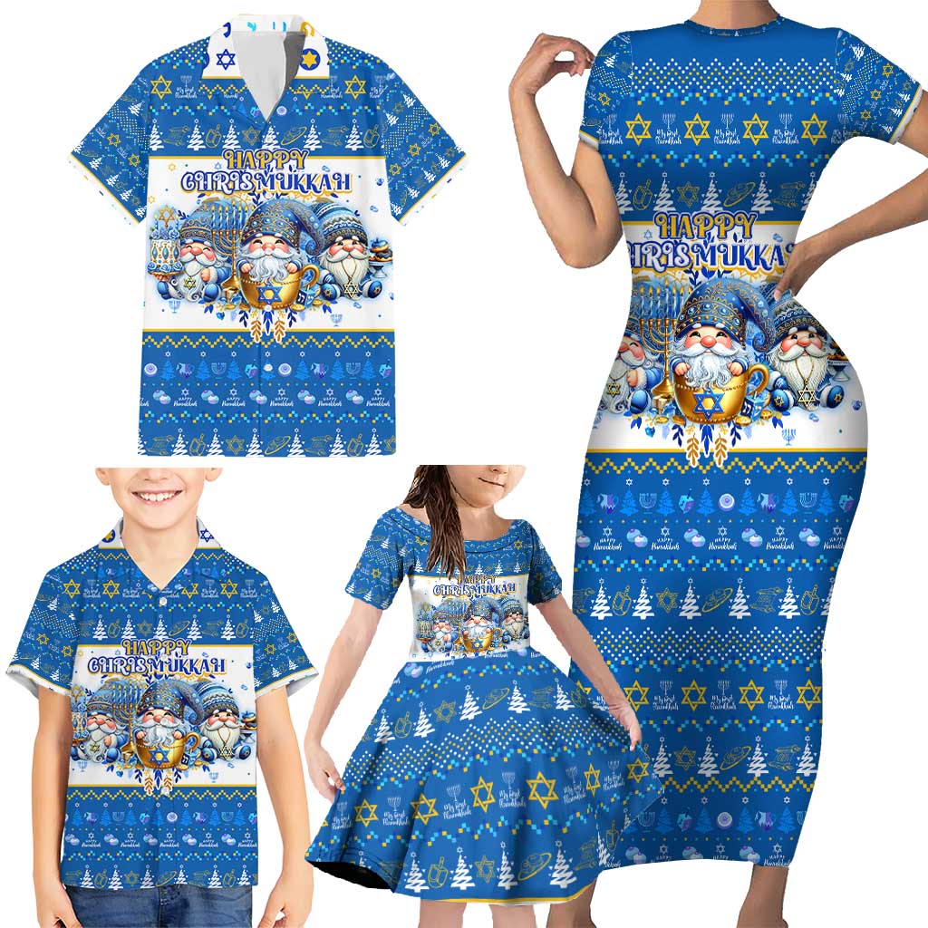 Happy Chrismukkah Family Matching Short Sleeve Bodycon Dress and Hawaiian Shirt Gnome Funny Hanukkah Christmas Mashup - Wonder Print Shop
