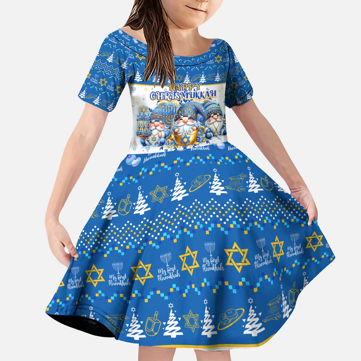 Happy Chrismukkah Kid Short Sleeve Dress Gnome Funny Hanukkah Christmas Mashup - Wonder Print Shop