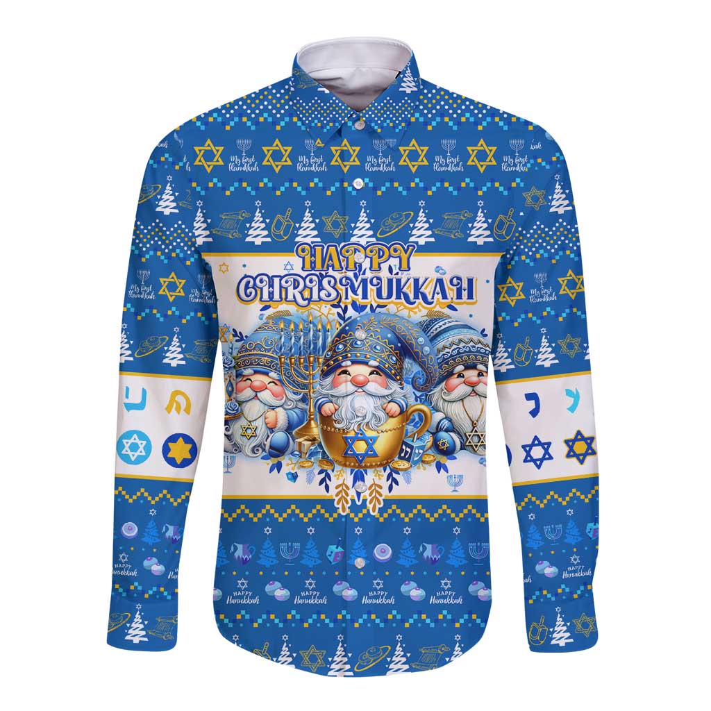 Happy Chrismukkah Long Sleeve Button Shirt Gnome Funny Hanukkah Christmas Mashup - Wonder Print Shop