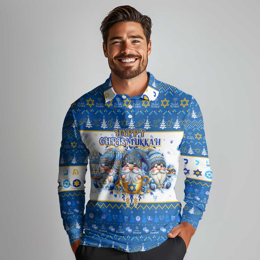 Happy Chrismukkah Long Sleeve Polo Shirt Gnome Funny Hanukkah Christmas Mashup - Wonder Print Shop