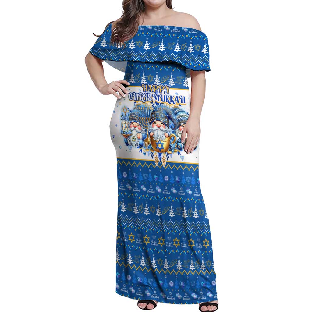 Happy Chrismukkah Off Shoulder Maxi Dress Gnome Funny Hanukkah Christmas Mashup - Wonder Print Shop