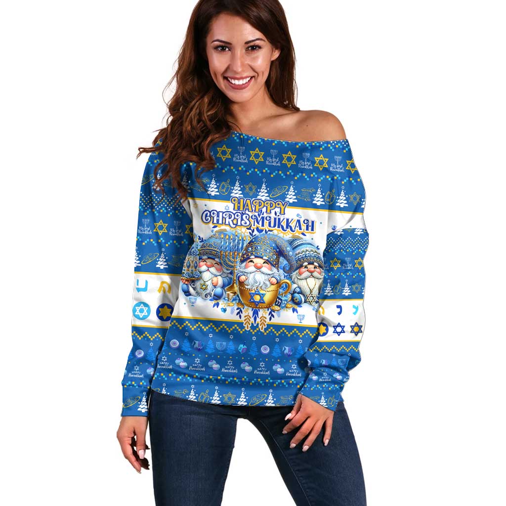 Happy Chrismukkah Off Shoulder Sweater Gnome Funny Hanukkah Christmas Mashup - Wonder Print Shop