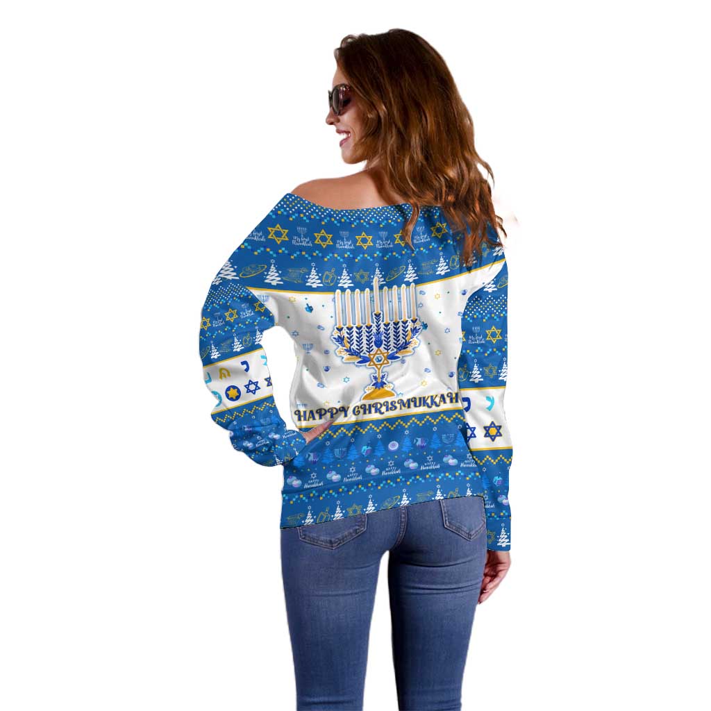 Happy Chrismukkah Off Shoulder Sweater Gnome Funny Hanukkah Christmas Mashup - Wonder Print Shop