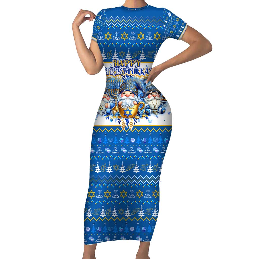 Happy Chrismukkah Short Sleeve Bodycon Dress Gnome Funny Hanukkah Christmas Mashup - Wonder Print Shop