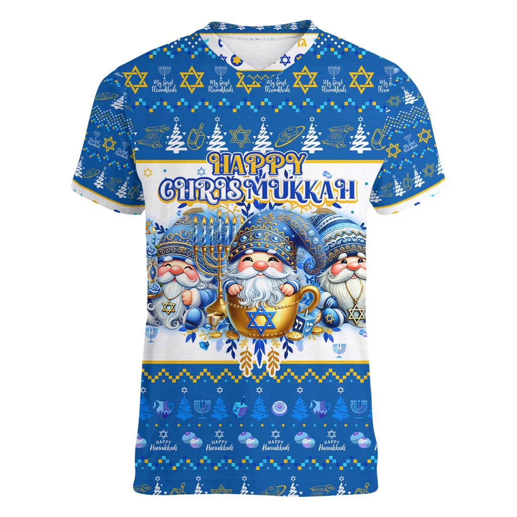 Happy Chrismukkah Women V-Neck T-Shirt Gnome Funny Hanukkah Christmas Mashup - Wonder Print Shop