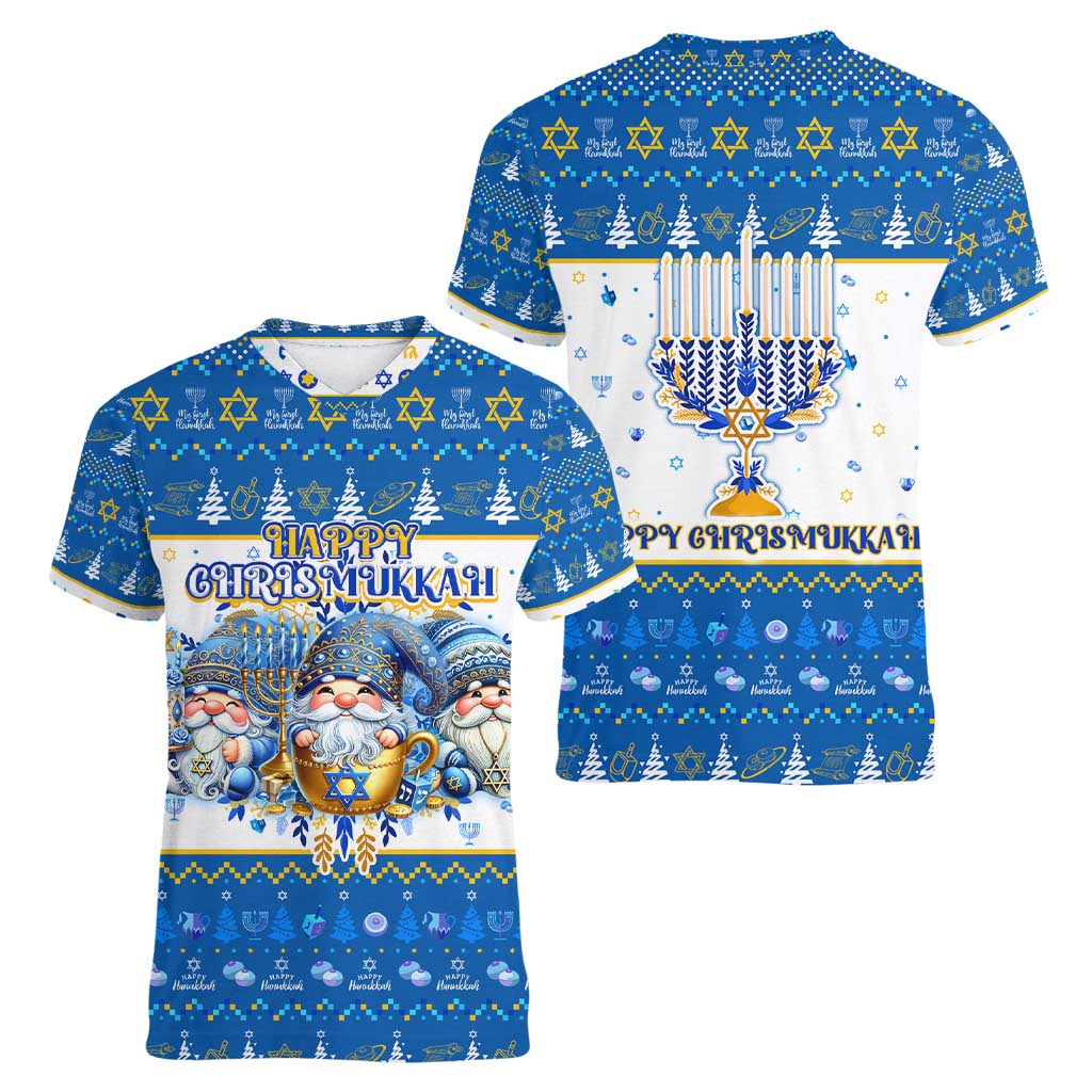 Happy Chrismukkah Women V-Neck T-Shirt Gnome Funny Hanukkah Christmas Mashup - Wonder Print Shop