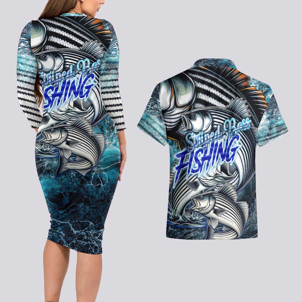 Striped Bass Fishing Couples Matching Long Sleeve Bodycon Dress and Hawaiian Shirt Bold Ocean Angler Design - Wonder Print Shop
