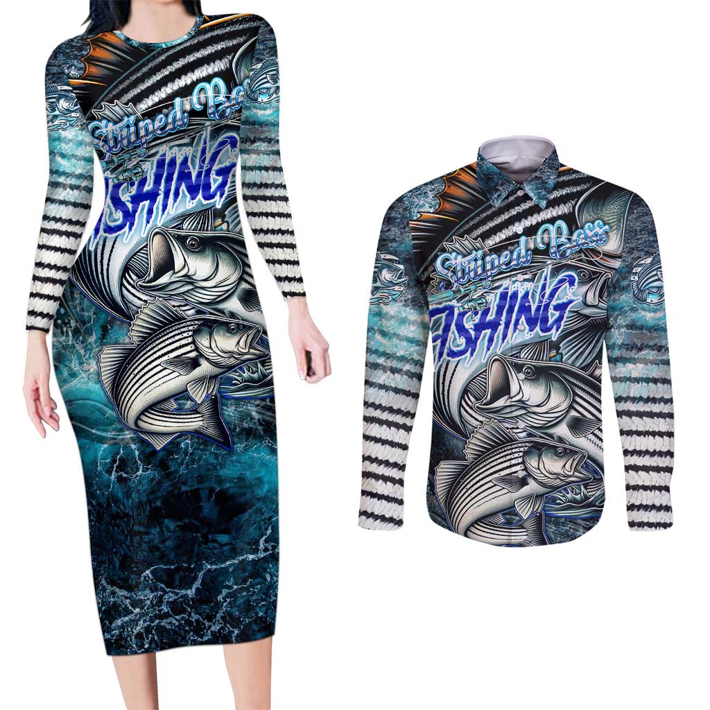 Striped Bass Fishing Couples Matching Long Sleeve Bodycon Dress and Long Sleeve Button Shirt Bold Ocean Angler Design - Wonder Print Shop