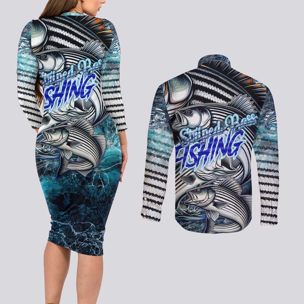 Striped Bass Fishing Couples Matching Long Sleeve Bodycon Dress and Long Sleeve Button Shirt Bold Ocean Angler Design - Wonder Print Shop