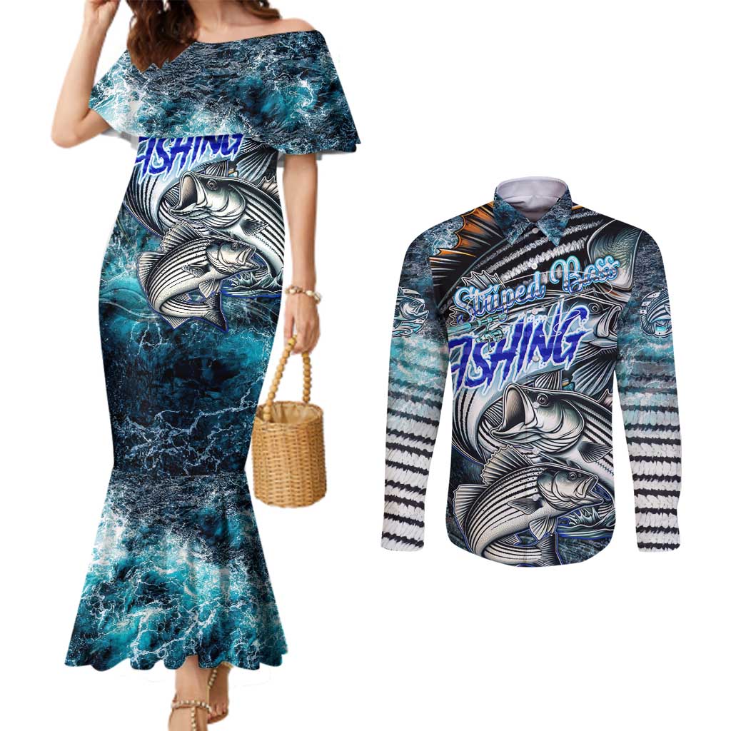 Striped Bass Fishing Couples Matching Mermaid Dress and Long Sleeve Button Shirt Bold Ocean Angler Design - Wonder Print Shop