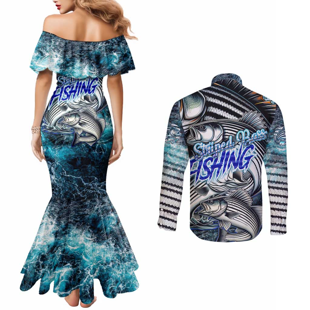Striped Bass Fishing Couples Matching Mermaid Dress and Long Sleeve Button Shirt Bold Ocean Angler Design - Wonder Print Shop