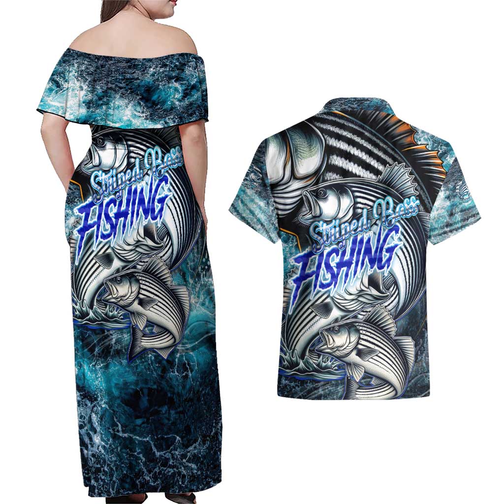 Striped Bass Fishing Couples Matching Off Shoulder Maxi Dress and Hawaiian Shirt Bold Ocean Angler Design - Wonder Print Shop