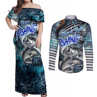 Striped Bass Fishing Couples Matching Off Shoulder Maxi Dress and Long Sleeve Button Shirt Bold Ocean Angler Design - Wonder Print Shop