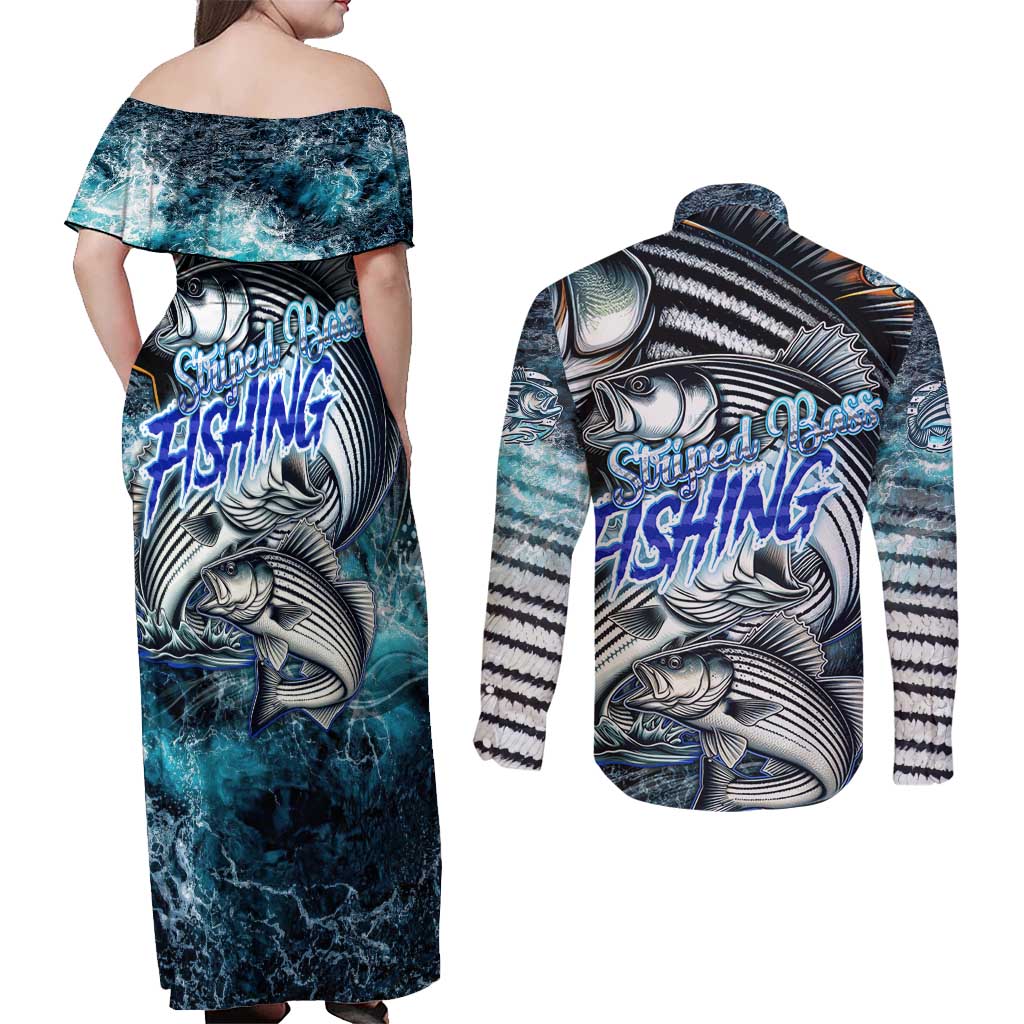 Striped Bass Fishing Couples Matching Off Shoulder Maxi Dress and Long Sleeve Button Shirt Bold Ocean Angler Design - Wonder Print Shop