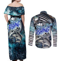 Striped Bass Fishing Couples Matching Off Shoulder Maxi Dress and Long Sleeve Button Shirt Bold Ocean Angler Design - Wonder Print Shop