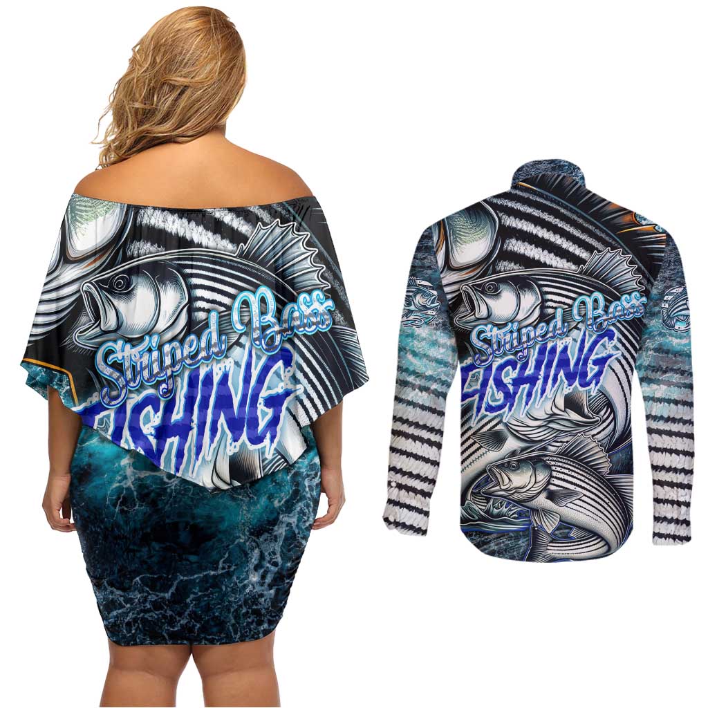 Striped Bass Fishing Couples Matching Off Shoulder Short Dress and Long Sleeve Button Shirt Bold Ocean Angler Design - Wonder Print Shop