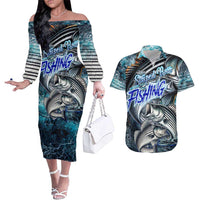 Striped Bass Fishing Couples Matching Off The Shoulder Long Sleeve Dress and Hawaiian Shirt Bold Ocean Angler Design - Wonder Print Shop