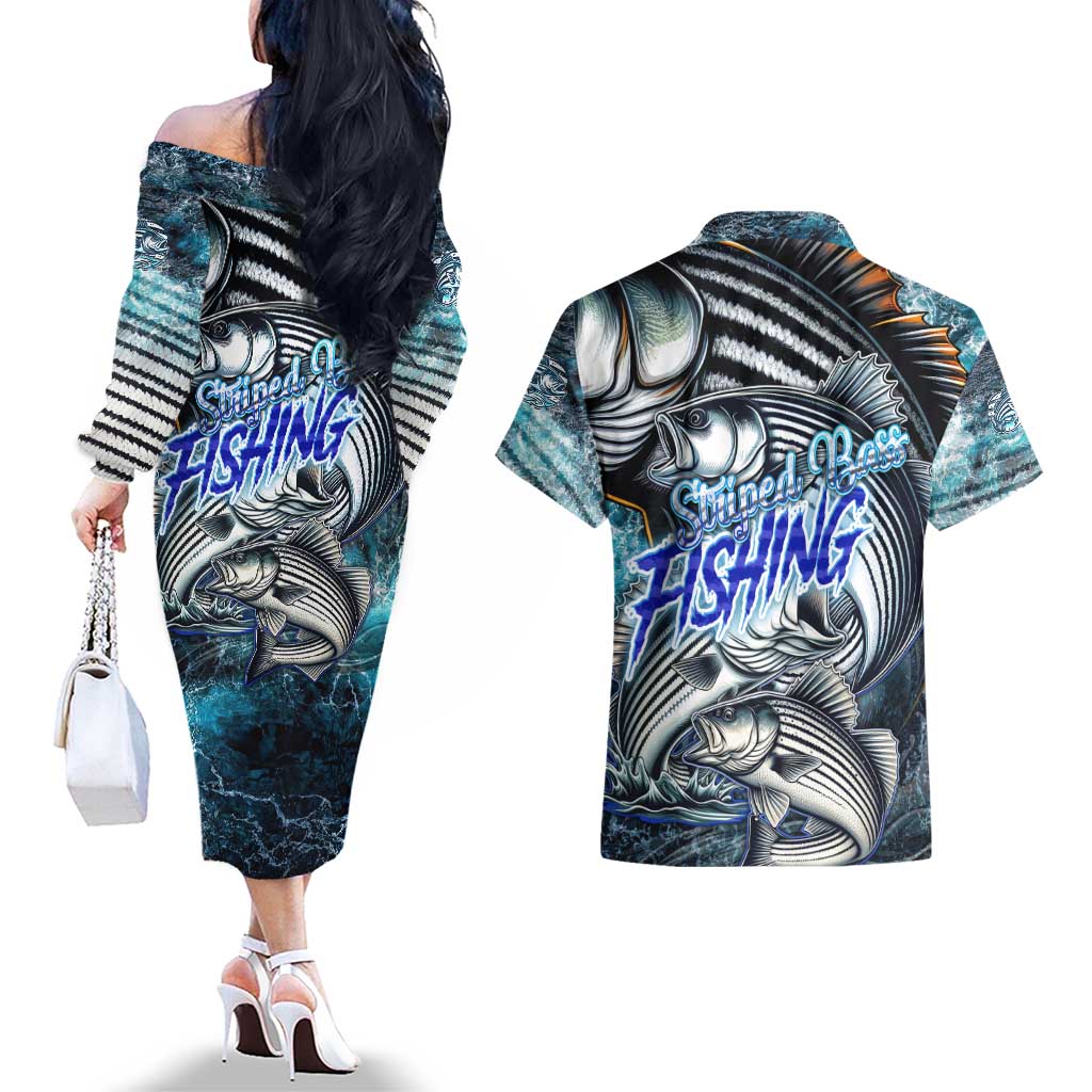 Striped Bass Fishing Couples Matching Off The Shoulder Long Sleeve Dress and Hawaiian Shirt Bold Ocean Angler Design - Wonder Print Shop