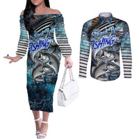 Striped Bass Fishing Couples Matching Off The Shoulder Long Sleeve Dress and Long Sleeve Button Shirt Bold Ocean Angler Design - Wonder Print Shop