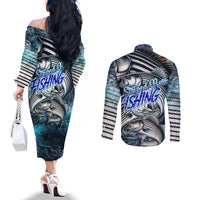 Striped Bass Fishing Couples Matching Off The Shoulder Long Sleeve Dress and Long Sleeve Button Shirt Bold Ocean Angler Design - Wonder Print Shop