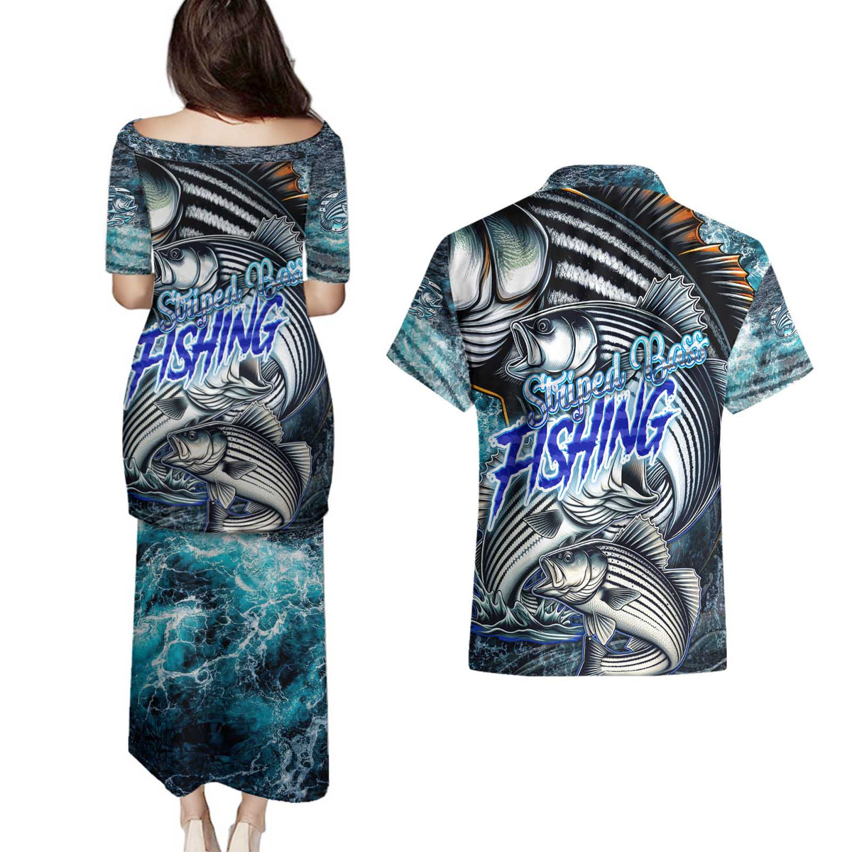Striped Bass Fishing Couples Matching Puletasi and Hawaiian Shirt Bold Ocean Angler Design - Wonder Print Shop