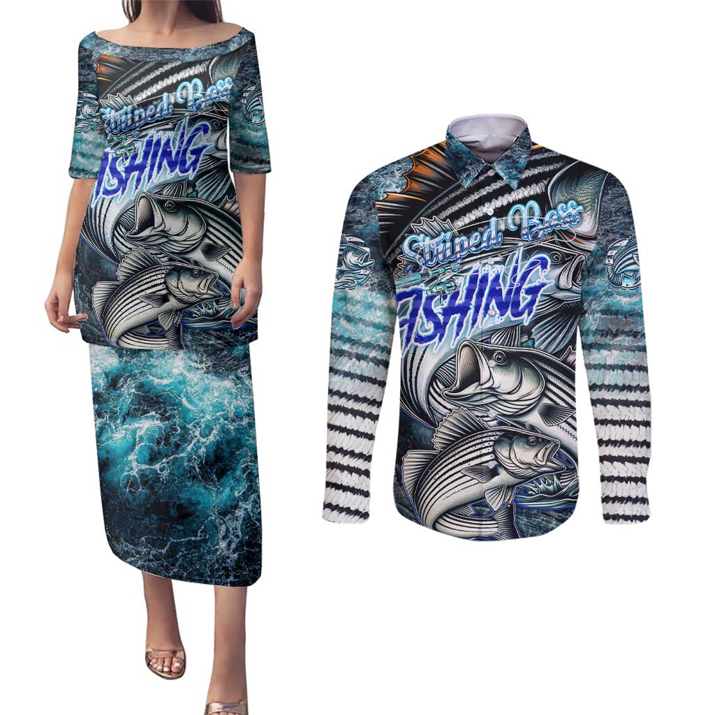 Striped Bass Fishing Couples Matching Puletasi and Long Sleeve Button Shirt Bold Ocean Angler Design - Wonder Print Shop