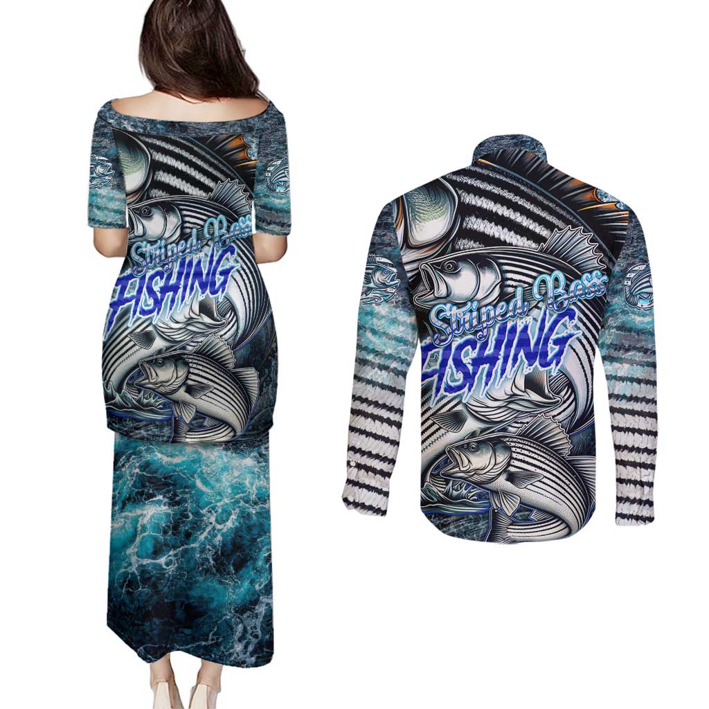 Striped Bass Fishing Couples Matching Puletasi and Long Sleeve Button Shirt Bold Ocean Angler Design - Wonder Print Shop