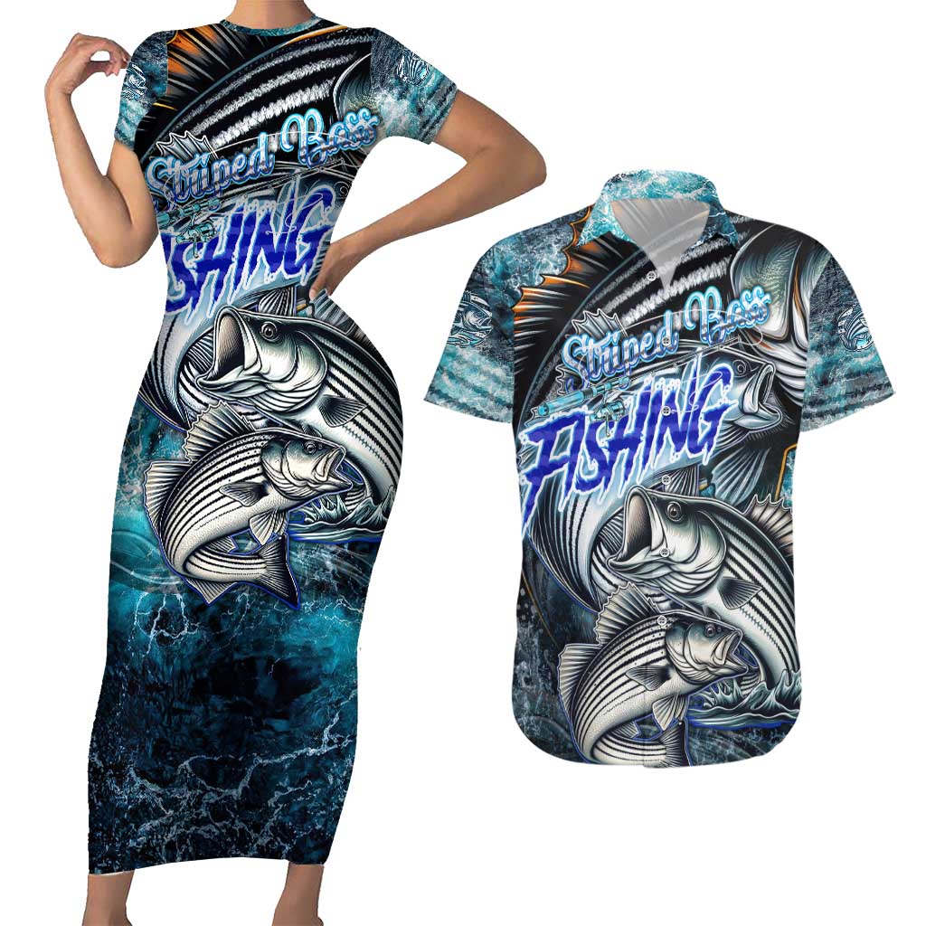 Striped Bass Fishing Couples Matching Short Sleeve Bodycon Dress and Hawaiian Shirt Bold Ocean Angler Design - Wonder Print Shop