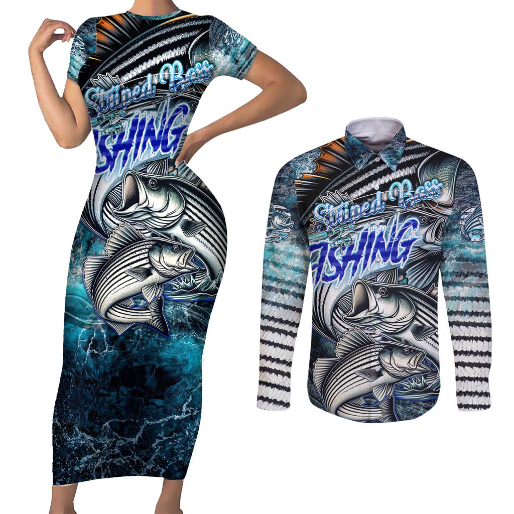 Striped Bass Fishing Couples Matching Short Sleeve Bodycon Dress and Long Sleeve Button Shirt Bold Ocean Angler Design - Wonder Print Shop