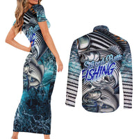 Striped Bass Fishing Couples Matching Short Sleeve Bodycon Dress and Long Sleeve Button Shirt Bold Ocean Angler Design - Wonder Print Shop