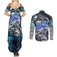 Striped Bass Fishing Couples Matching Summer Maxi Dress and Long Sleeve Button Shirt Bold Ocean Angler Design - Wonder Print Shop