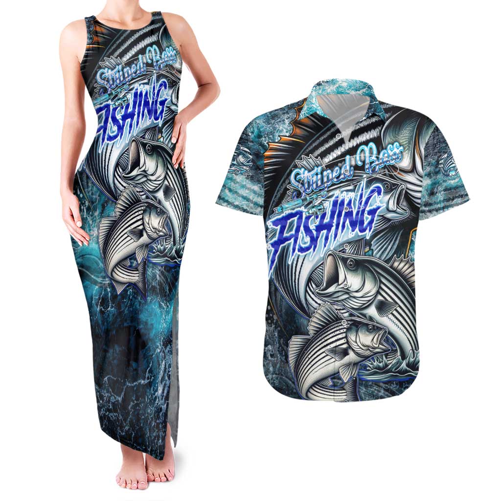 Striped Bass Fishing Couples Matching Tank Maxi Dress and Hawaiian Shirt Bold Ocean Angler Design - Wonder Print Shop