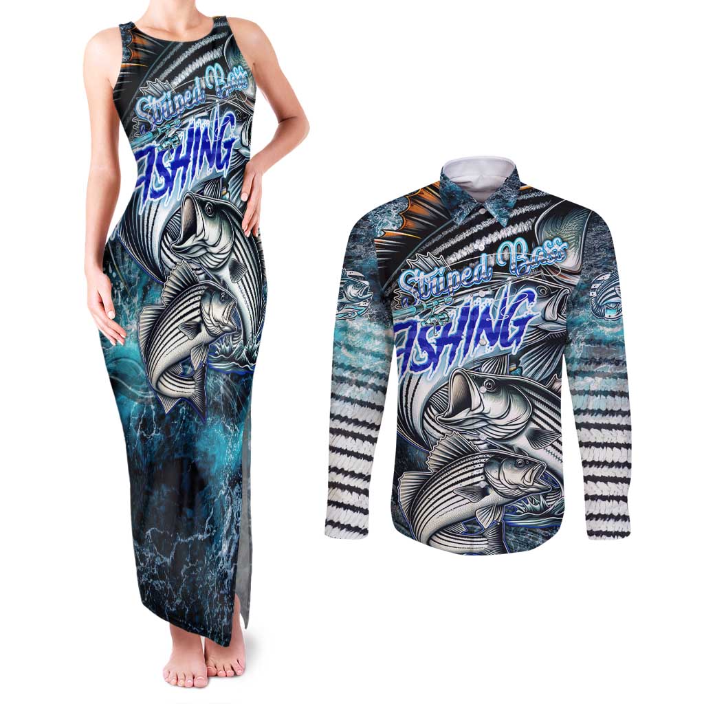 Striped Bass Fishing Couples Matching Tank Maxi Dress and Long Sleeve Button Shirt Bold Ocean Angler Design - Wonder Print Shop