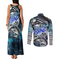 Striped Bass Fishing Couples Matching Tank Maxi Dress and Long Sleeve Button Shirt Bold Ocean Angler Design - Wonder Print Shop