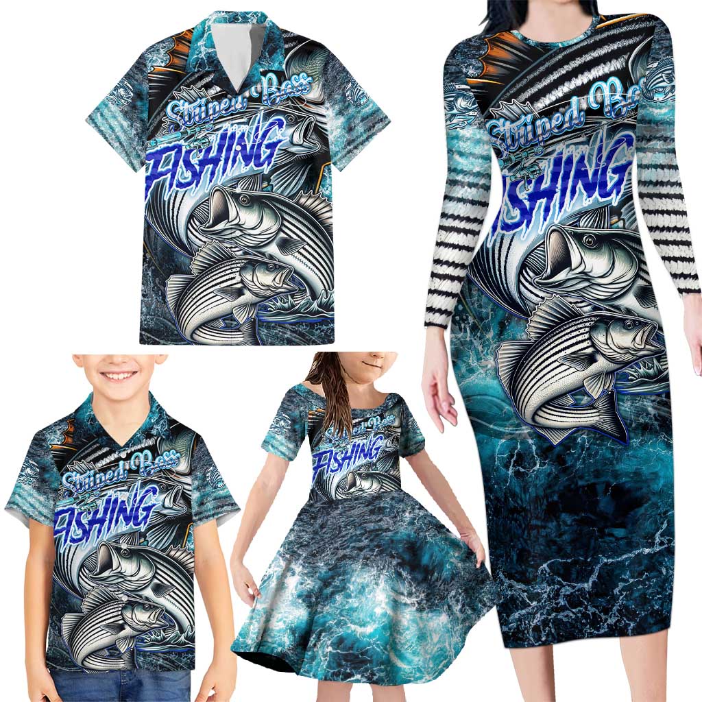 Striped Bass Fishing Family Matching Long Sleeve Bodycon Dress and Hawaiian Shirt Bold Ocean Angler Design - Wonder Print Shop