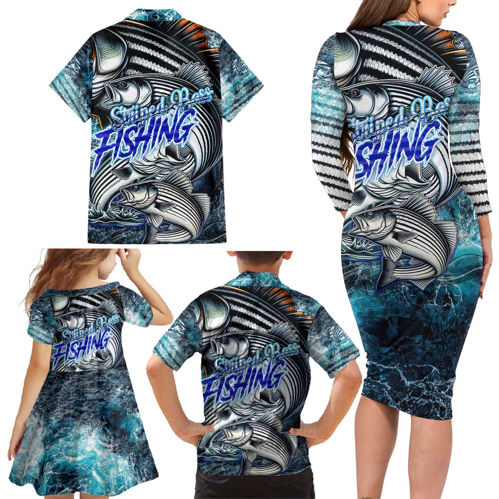 Striped Bass Fishing Family Matching Long Sleeve Bodycon Dress and Hawaiian Shirt Bold Ocean Angler Design - Wonder Print Shop