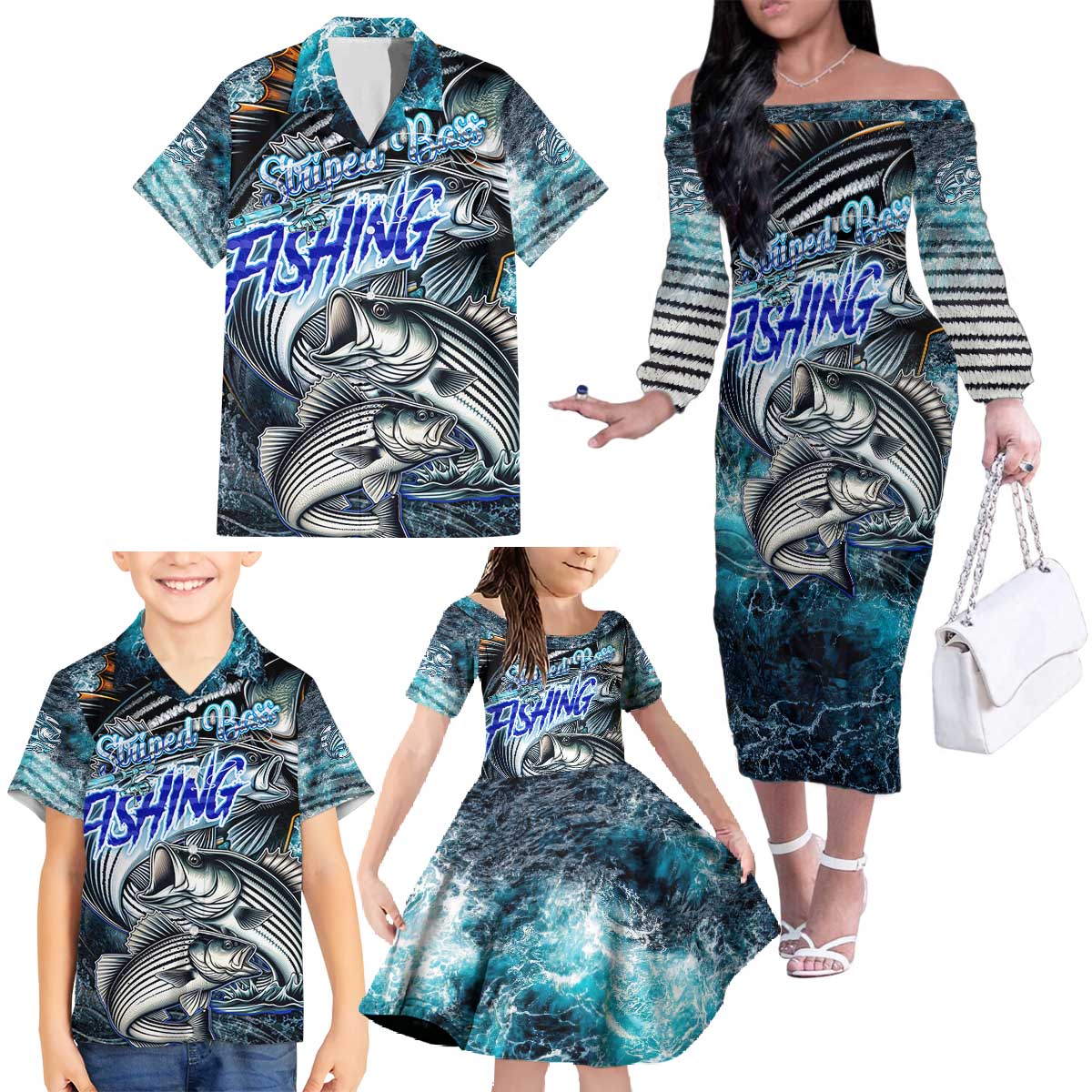 Striped Bass Fishing Family Matching Off The Shoulder Long Sleeve Dress and Hawaiian Shirt Bold Ocean Angler Design - Wonder Print Shop