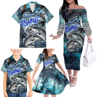 Striped Bass Fishing Family Matching Off The Shoulder Long Sleeve Dress and Hawaiian Shirt Bold Ocean Angler Design - Wonder Print Shop